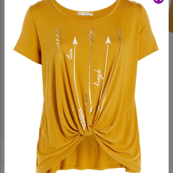 Mustard ‘Live Laugh Love’ Twist Hem Scoop Neck Tee - Picture 1 of 6